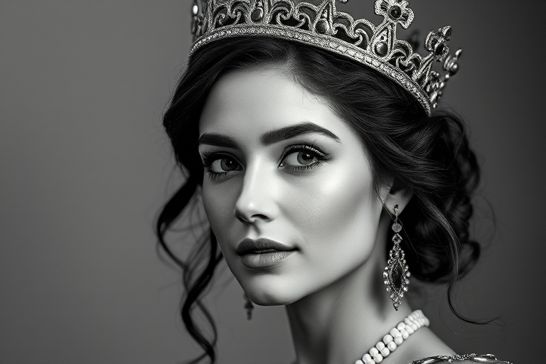 Create a high-resolution black and white portrait of a regal woman with a crown, using a DSLR camera set to 50mm lens, aperture f/2.8, ISO 100, 1/125 shutter speed, with a soft-focus background and high contrast to enhance details.