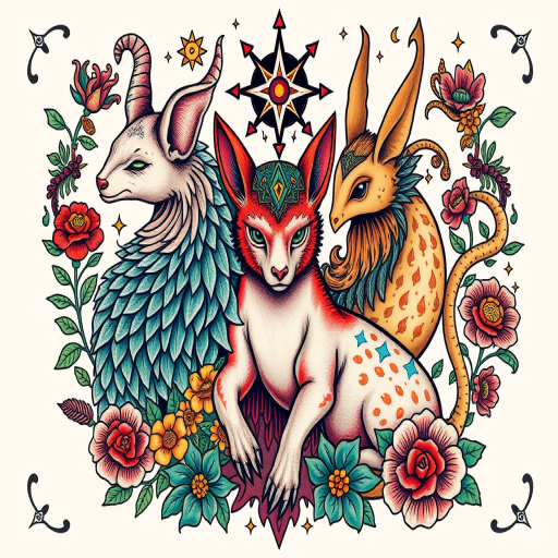 Neo-traditional tattoo named "Enchanted Menagerie" showcasing bold lines and saturated colors to depict whimsical animal hybrids surrounded by magical flora and mystical symbols