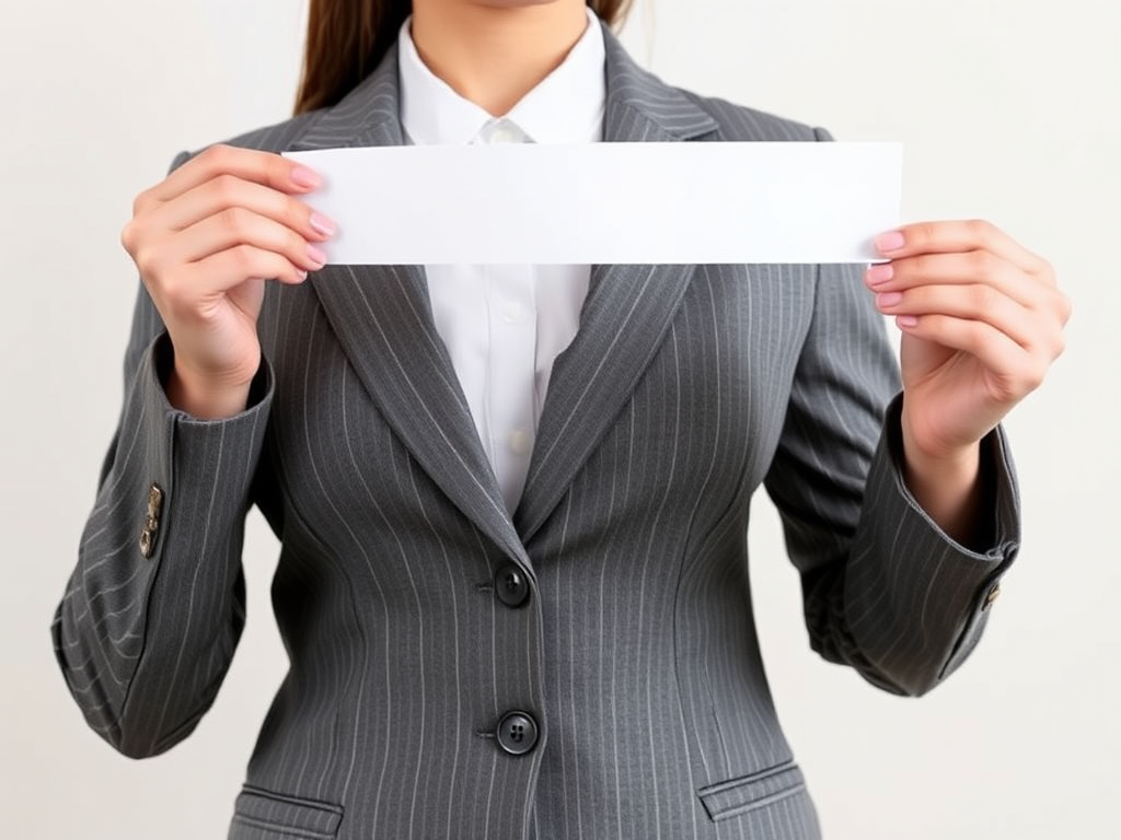 Create an image of a businesswoman in a grey pinstripe suit holding a long white strip of paper with the text "Read the fine print" in bold black font, use a DSLR camera with a 50mm lens, aperture f/2.8, ISO 100, and natural lighting, shot at eye level for a professional look.
