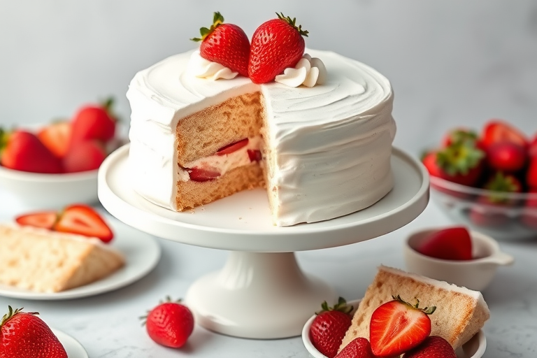 A beautifully decorated white cake with a slice removed revealing a filling of strawberries and cream topped with a whole strawberry and whipped cream on a white pedestal plate surrounded by additional cake slices and fresh strawberries in a bowl.