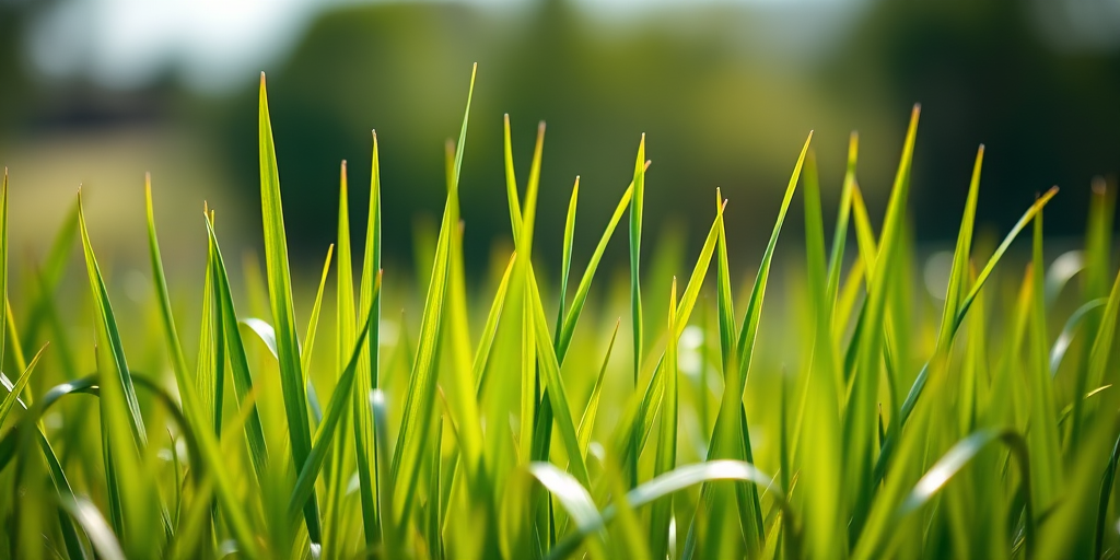 Create a high-resolution image of vibrant green grass blades growing in an open field, captured with a DSLR camera at f/2.8 aperture, ISO 100, 50mm lens, natural lighting, and a slightly blurred background for depth.