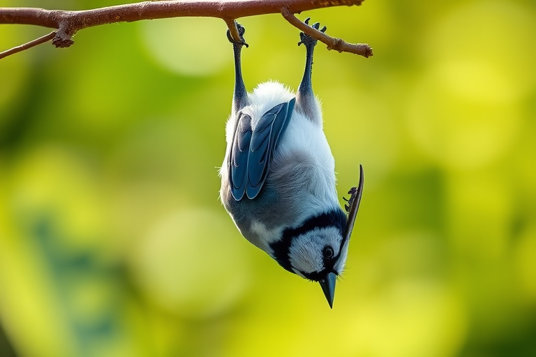 Capture a sharp image of a jay bird hanging upside down on a branch while feeding, using a Canon EOS R5 with a 24-70mm f/2.8 lens, aperture set to f/4, shutter speed at 1/250s, ISO 800, natural light, shallow depth of field, focusing on the bird's vibrant details against a blurred green background.