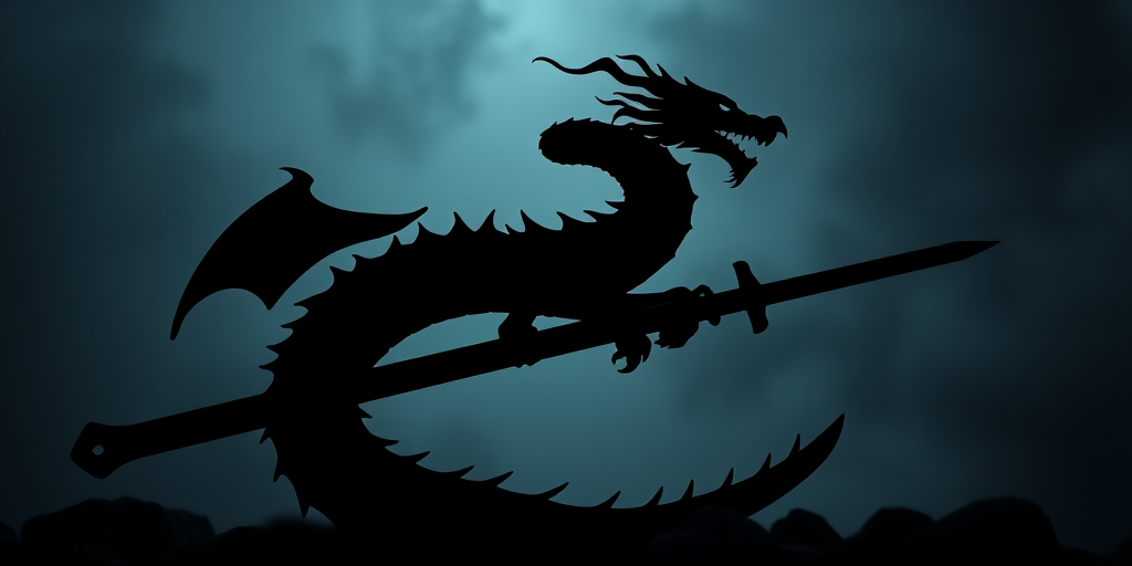 Generate a high-resolution image of a stylized black silhouette of a dragon coiled around a sword with a dynamic pose, captured with a Canon EOS R5, 50mm lens, f/1.8 aperture, ISO 200, 1/500 sec shutter speed, in a dramatic low-angle view with a soft-focus background for depth.