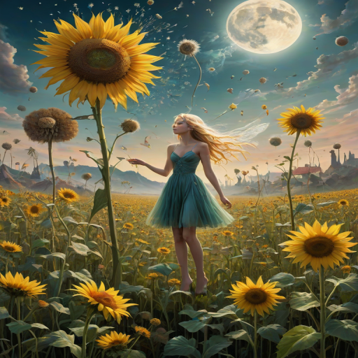 A surreal allegory featuring ethereal fairies, towering sunflowers, and an enigmatic witch, all set within a dreamlike landscape. The scene is dominated by a colossal dandelion, its delicate seeds floating through the air, reminiscent of Yves Tanguy's abstract forms. The environment is a blend of otherworldly elements and natural beauty, with twisted, elongated shapes and surreal colors that evoke a sense of mystery and enchantment.