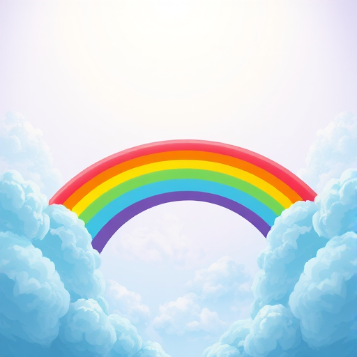 Generate a vibrant cartoon-style image of a rainbow with fluffy blue clouds on both sides, captured with a DSLR camera at f/8 aperture, ISO 100, 50mm lens, shot from a low angle with a bright, sunny backdrop for enhanced color saturation.