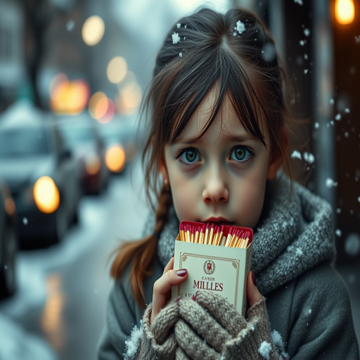 A young girl with sad eyes holding a box of matches in a snowy street, soft focus for a dreamy effect, using a Canon EOS R5 with an 85mm f/1.2 lens at 1/200s, ISO 100, natural lighting.