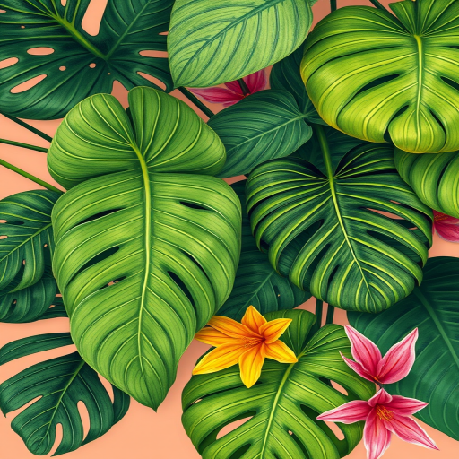 Create a vibrant and detailed illustration of tropical foliage with a mix of large green leaves, intricate patterns, and a variety of colors including yellow and pink against a soft peach background, using a Canon EOS R5 with a 50mm f/1.2 lens at ISO 100, aperture f/4, and shutter speed 1/125s, capturing the textures and depth in a macro style.