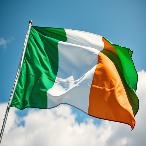 Create an image of the flag of Ireland waving in the wind using a DSLR camera with a 50mm lens, aperture f/2.8, ISO 100, shutter speed 1/200s, shot from a low angle to enhance detail and brightness in vibrant colors.
