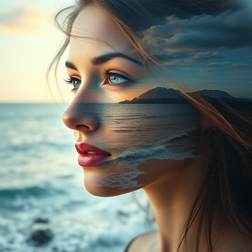 this photo is Book cover, A surreal double exposure portrait that blends a woman's face with a beautiful seascape. The overall mood is dreamy and mystical, with rich colors and intricate details