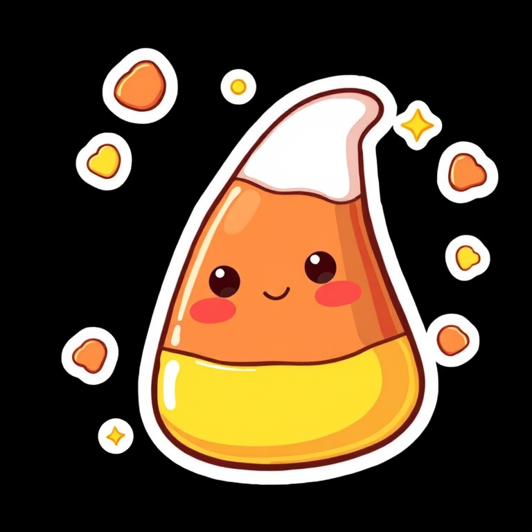 this image is a kawaii Delightful candy corn sticker, 3d digital art, black background, sticker line weight