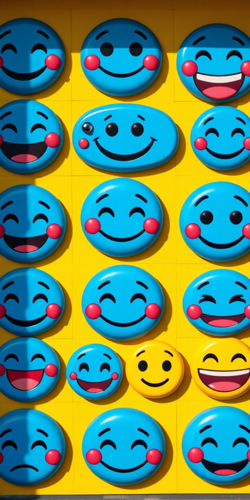 Create a colorful grid of 12 cartoonish blue emoji faces displaying various emotions, using a DSLR camera with a 50mm lens, f/2.8 aperture, ISO 100, shooting from an overhead view with natural lighting to enhance clarity and vibrancy.