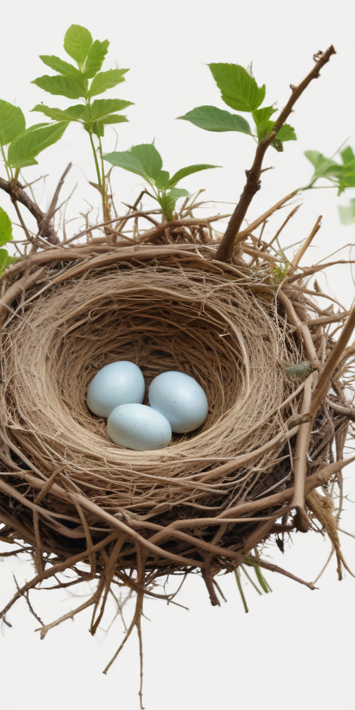 A Cozy Nest with Three Beautiful Blue Eggs Surrounded by Greenery