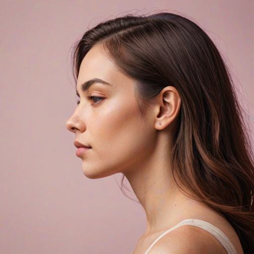 Create a minimalist line art illustration of a woman in profile against a solid pastel background, using a Canon EOS R5 with a 50mm f/1.2 lens, aperture set to f/2.8, ISO 100, and a soft focus effect for smooth skin tones and gentle color gradients.