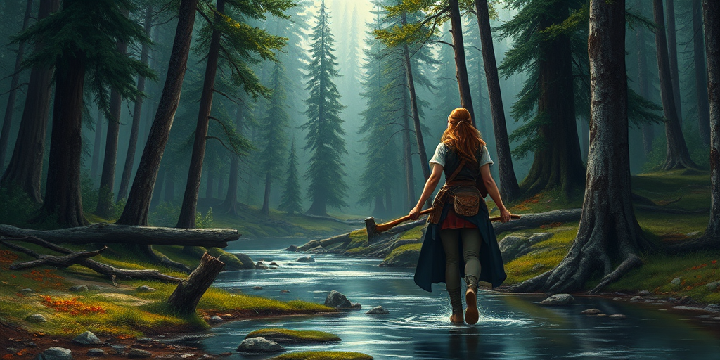 a painting of a woman with an axe in a forest, an ultrafine detailed painting, by Johannes Helgeson, fantasy art, 4 k highly detailed art, : warrior fantasy, she is walking on a river, beautiful detailed pixel art