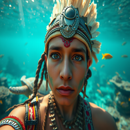Realistic selfie image of a Aztec, wearing a vintage outfit, detailed dreamy eyes, droopy hooded eyes, staring at the camera, taken underwater at coral reef with a sunbeam filtering through the water, vibrant, summer vacation, natural lighting, turtle and school of tropical fish with vibrant colors, rendered in the style of CryEngine, Pegi Nicol MacLeod, with realistic genre scenes, hauntingly beautiful narratives, ultra-realism, and Thomas Saliot's close-up technique, 8K resolution, crystal clear and sparkling water.
