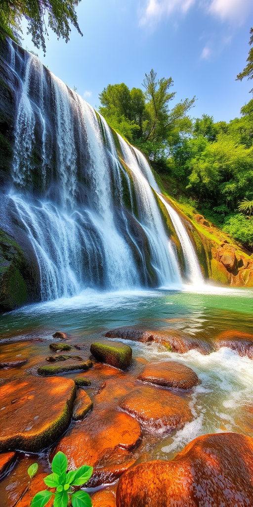 capture a vibrant waterfall scene with cascading water and lush greenery under soft natural light, use a wide-angle lens at f/11 for depth of field, ISO 100, shutter speed 1/60s, shoot in RAW format for maximum detail, use a tripod for stability, and apply HDR technique for enhanced dynamic range