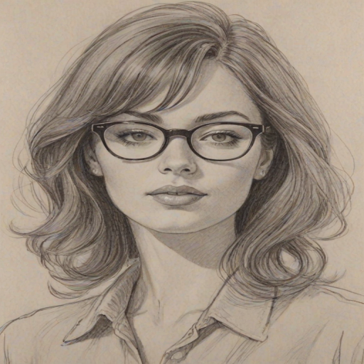 Enchanting Erica Cerra, pencil sketch, portrait of Sublime woman 1965s in glasses, hair style beatnik, outline, clear lines, fine lines, 8k