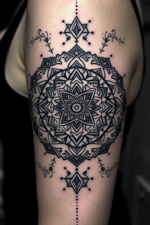 Blackwork sacred geometry tattoo featuring intricate mandala patterns and mystical symbols, gradually fading from solid black to delicate dotwork for a mesmerizing visual effect