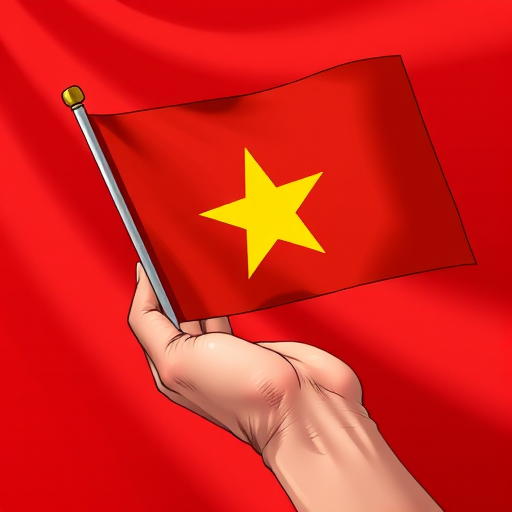 Create a high-resolution illustration of a hand holding a Vietnamese flag with a prominent red background and a bright yellow star, captured in a close-up view using a DSLR camera at f/2.8 aperture, ISO 100, and a focal length of 50mm for sharp detail and vibrant colors.