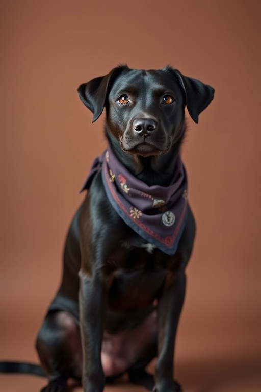 portrait of a black dog wearing a bandana sitting against a soft brown background, captured with a Canon EOS R5, 50mm lens, f/1.8 aperture, ISO 100, shutter speed 1/200 sec, natural lighting, shallow depth of field
