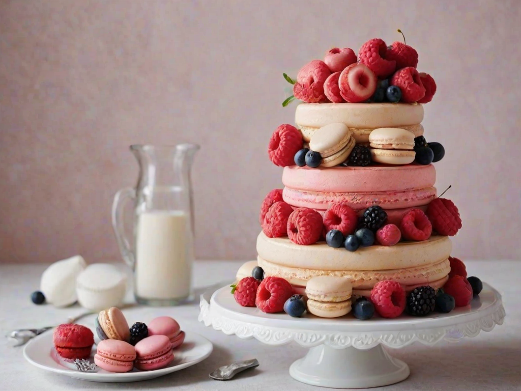 Create an image of a three-tiered cake. The bottom tier should be decorated with a rich berry color, adorned with fresh raspberries, blackberries, and cherries. The middle tier should be a lighter shade, topped with an assortment of macarons in shades of pink and red, along with more berries. The top tier should be white, elegantly finished with additional macarons and a few decorative swirls of icing. The overall look should be vibrant and inviting, with a focus on a rich, fruity theme.