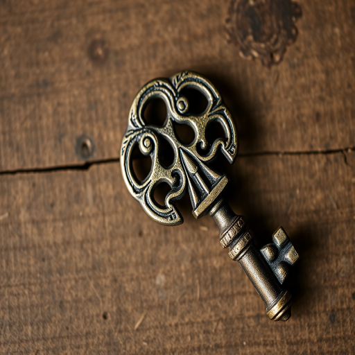Create a high-resolution image of a vintage key with intricate details using a DSLR camera, 50mm lens, f/2.8 aperture, and shot in natural light from a top-down view to emphasize the texture and design of the key.