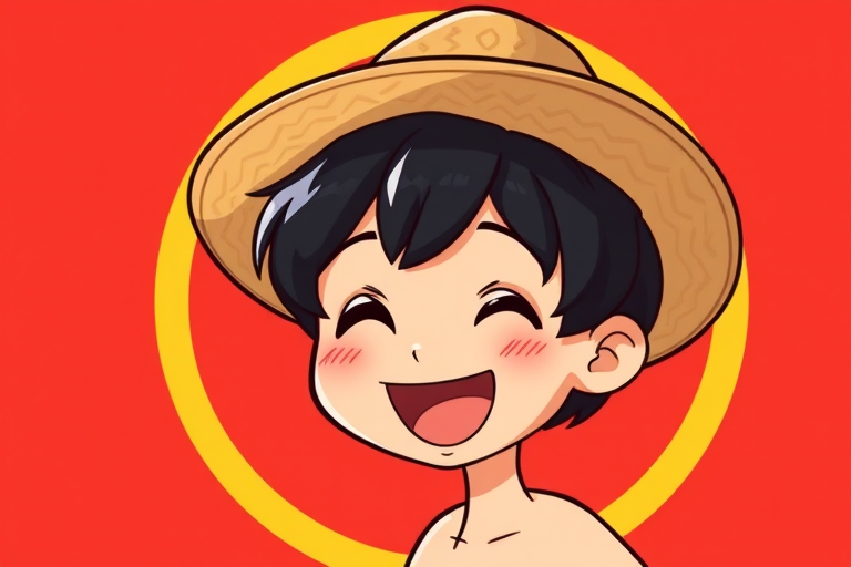 Create a vibrant cartoonish image of a joyful character with short black hair and a straw hat, circular design with a red background and yellow border, shot with a DSLR camera at f/2.8, ISO 100, 50mm lens, natural lighting, vibrant colors and sharp details.