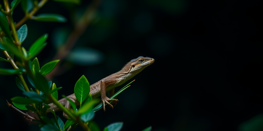 A lizard perched on green foliage at night, captured with a Canon EOS 5D Mark IV, 50mm lens, aperture f/2.8, ISO 800, 1/125s shutter speed, using macro photography for enhanced detail and clarity.