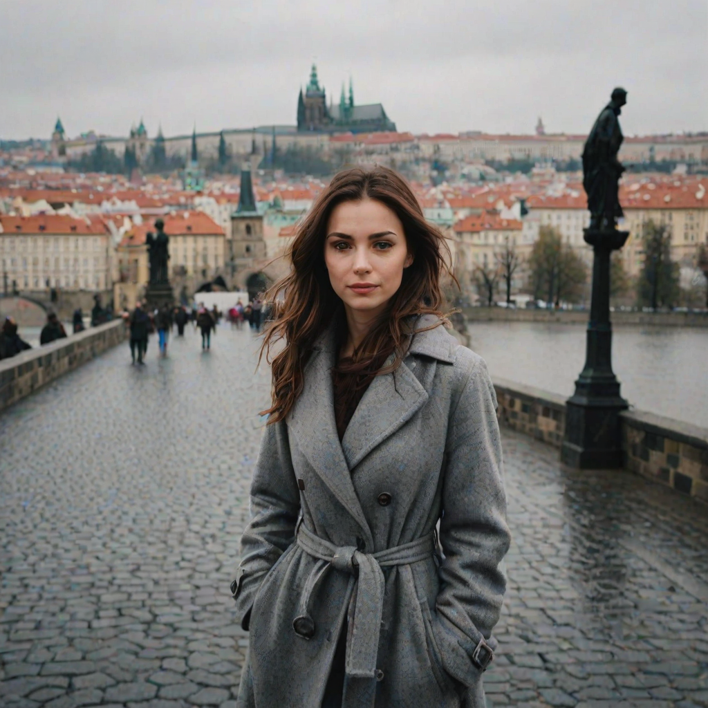 cinematic photo from above, waist up shot, sharp focus, a beautiful woman in foreground, in Prague, at the Charles Bridge, river in background, overcast rainy day, wearing long grey wool coat, warm rich color palette