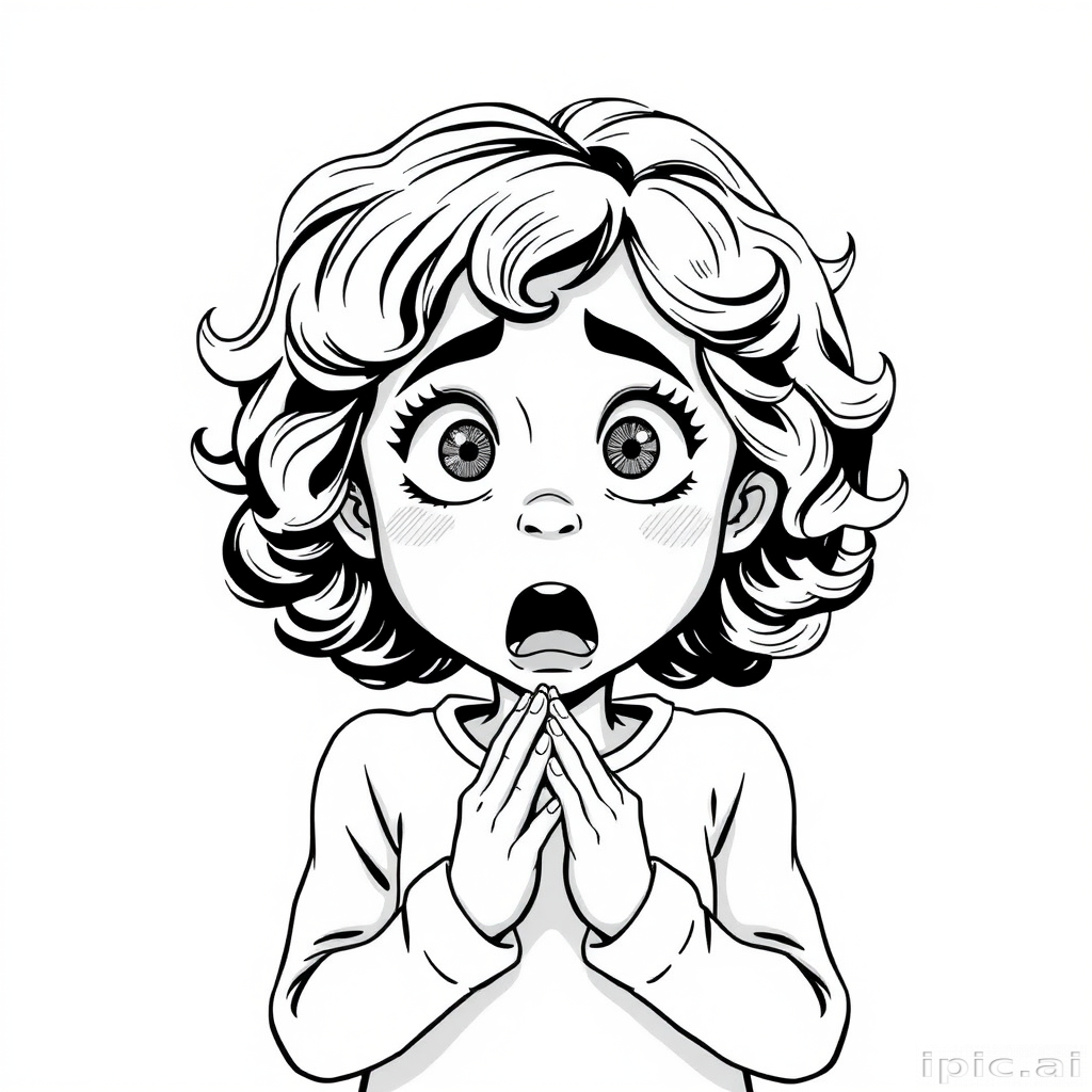 The image is a black and white illustration of a young girl with curly hair. She has a surprised expression on her face with her mouth open and her hands clasped together in front of her chest. Her eyes are wide and her eyebrows are furrowed. Her hair is styled in loose curls that are cascading down her back. The overall mood of the image is one of shock or surprise.