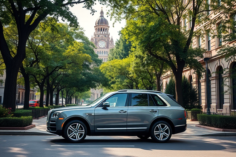 Capture a luxurious SUV parked in an elegantly landscaped urban setting with large trees and historic architecture, using a DSLR camera with a 24mm lens, aperture set to f/2.8 for shallow depth of field, ISO 100 for crisp details, and natural lighting to enhance colors and shadows.