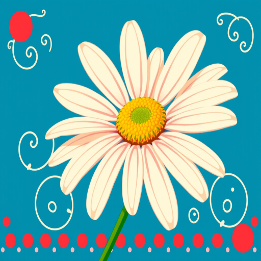 Create a vibrant illustration of a daisy with a yellow center and white petals, placed on a deep blue background with decorative swirls and a red polka dot border, using a DSLR camera with a 50mm lens, f/1.8 aperture, ISO 100, and soft natural lighting for enhanced color saturation and clarity.