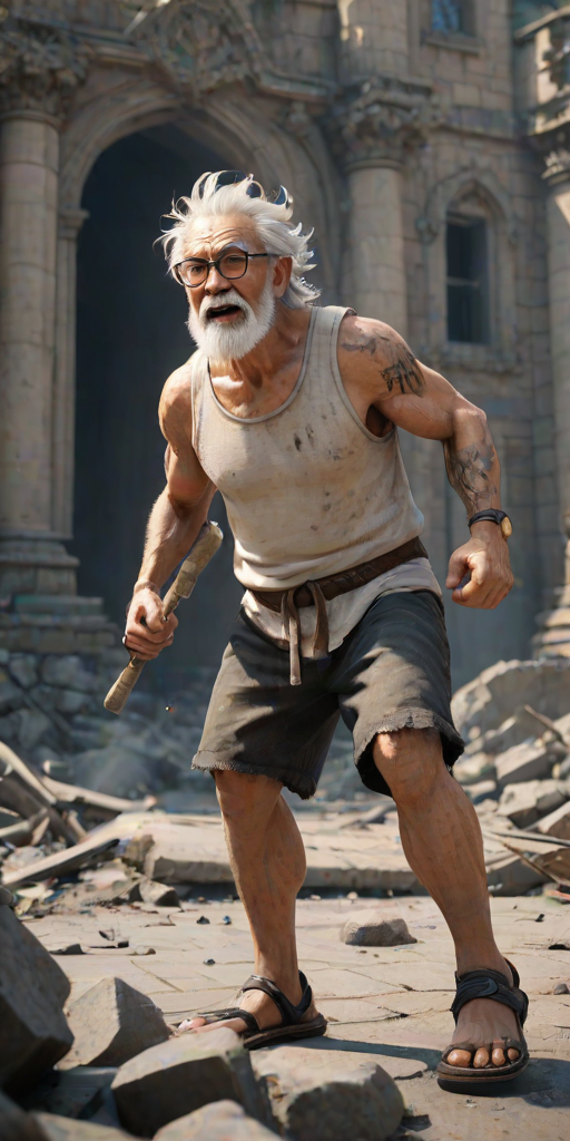 Cartoon 3D High-Resolution,dynamic battle scene using Unreal Engine 5 and Octane Render. The scene features back of an elderly, thai man with a beard,messy hair and round golden-rimmed glasses. He is wearing a tattered tank top with soot marks, shorts, and sandals. sweating. he wields a baseball bat. He jump to fight with a white fire-breathing Europe dragon amidst a partially destroyed stone castle. Include intense flames, smoke, and debris to enhance the dramatic effect.