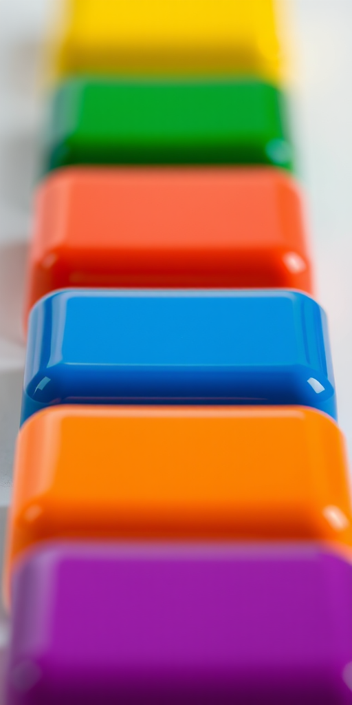 Create a vibrant image of six glossy colored squares in a row with colors: yellow, red, green, blue, orange, and purple, using a DSLR camera, 50mm lens, f/1.8 aperture, ISO 100, natural lighting, and a shallow depth of field for enhanced focus and clarity.