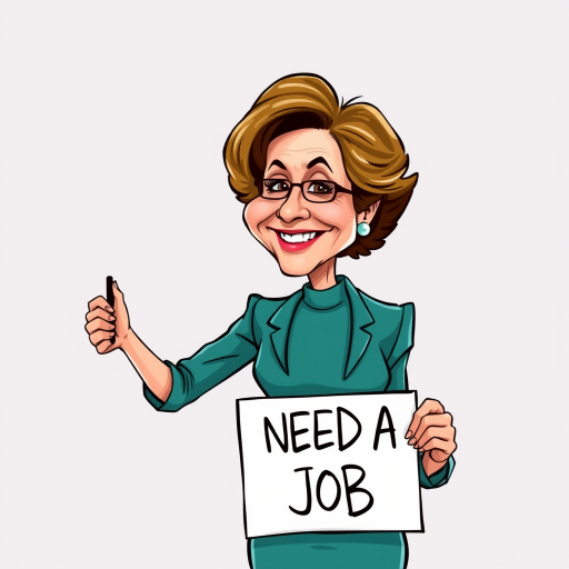 caricature of a smiling Annette Bening in a Teal dress or suit, holding up a sign that says "NEED A JOB", no watermark,