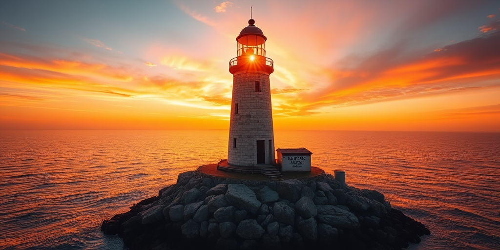 Generate an image of a tall lighthouse perched on a rocky outcrop surrounded by calm ocean waters during a breathtaking sunset. The lighthouse stands sturdy and weathered, its stone surface illuminated by the warm golden light of the setting sun. The sun's rays pass directly through the glass lantern room at the top of the lighthouse, casting a brilliant light across the scene. The sky is painted with vibrant shades of orange, pink, and purple, reflecting off the tranquil sea. The surrounding water shimmers with the same warm hues, creating a serene and majestic atmosphere.