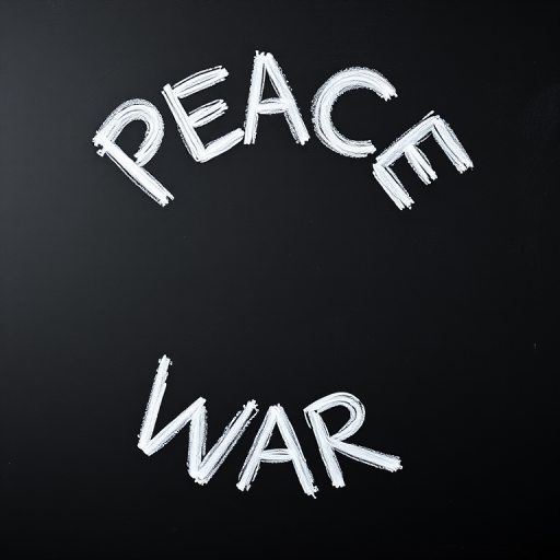 Create an image of the words "Peace" and "War" alternating in a circular pattern on a black chalkboard background, using a DSLR camera with a 50mm lens, aperture set to f/1.8, shutter speed at 1/125s, ISO 200, shot from an eye-level angle to enhance clarity and texture of the chalk.