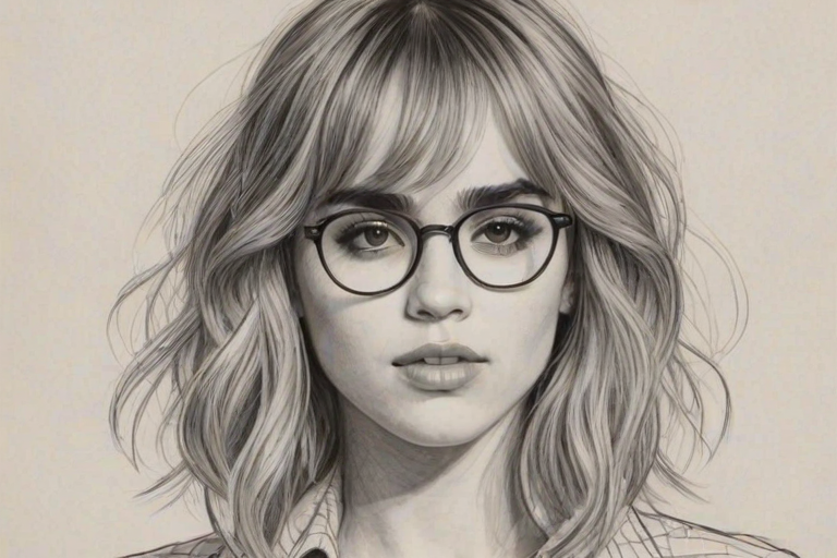 Attractive Suki Waterhouse, pencil sketch, portrait of Gorgeous woman 1921s in glasses, hair style beatnik, outline, clear lines, fine lines, 8k
