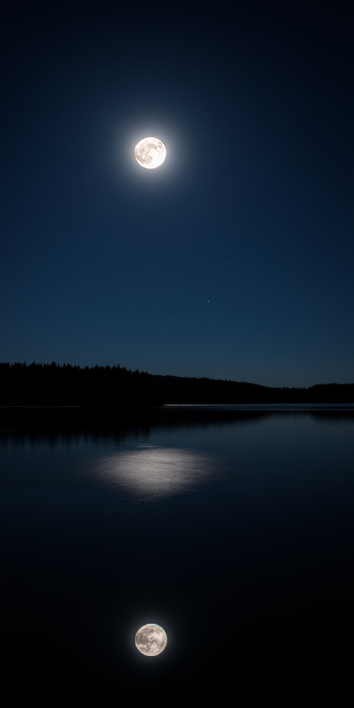 Create a high-resolution image of a serene nighttime landscape with a full moon illuminating a calm lake, captured with a DSLR camera at f/2.8, ISO 200, shutter speed 1/60s, using a wide-angle lens, in a long exposure style.