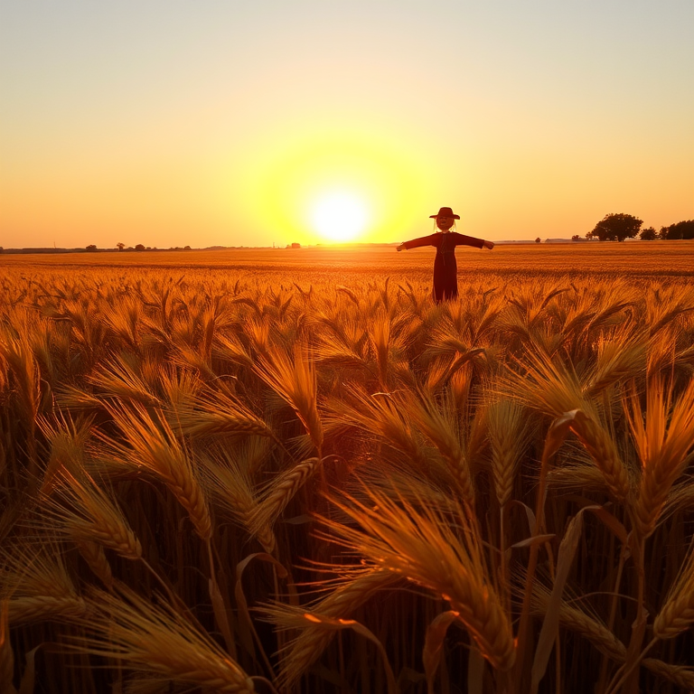 Sunrise over a golden wheat field, the wind gently swaying the crops, and a lone scarecrow standing guard at the edge of the horizon.