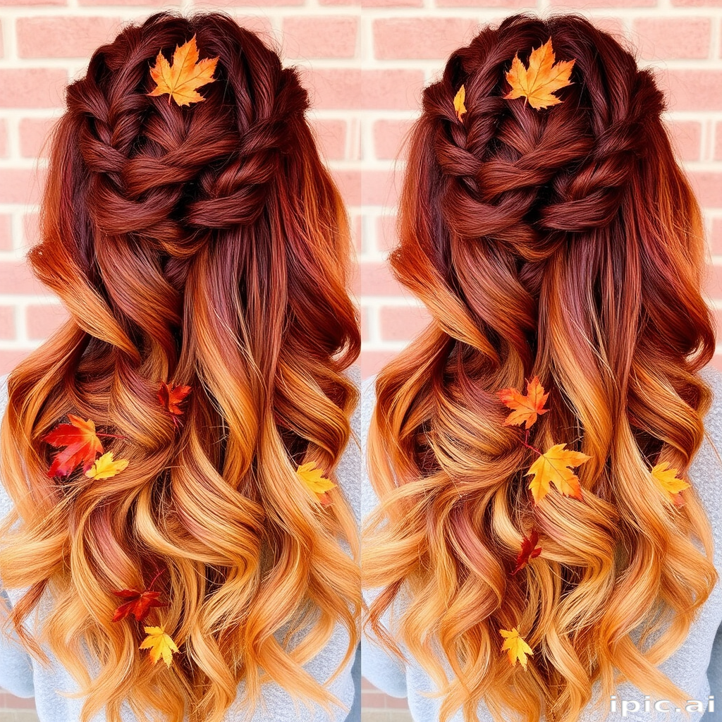 Autumn harvest ombre transitions from rich burgundy to golden wheat, styled in loose braids intertwined with colorful leaves, celebrating the changing seasons