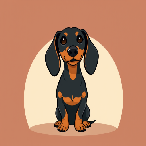 Create a stylized illustration of a sitting dachshund with a simple background, using high-resolution vector graphics, with soft color palettes and clean lines, captured with a DSLR camera at f/2.8 aperture, ISO 100, 50mm lens, natural lighting for a warm, inviting atmosphere.