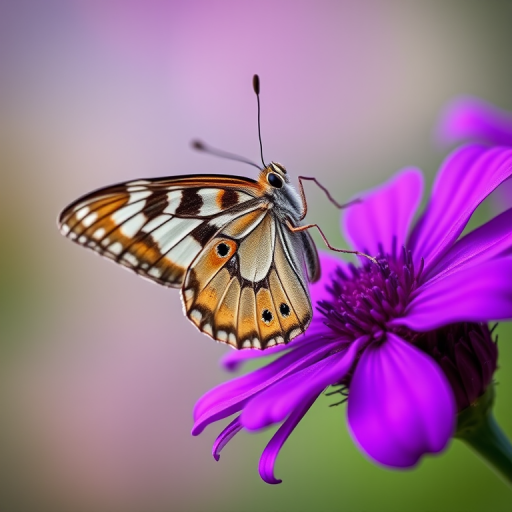 Create a close-up image of a butterfly perched on a vibrant purple flower. The background should have a soft, blurred effect to emphasize the butterfly and the flower. The butterfly should display intricate patterns and colors, while the flower should have a rich texture and deep purple hues.