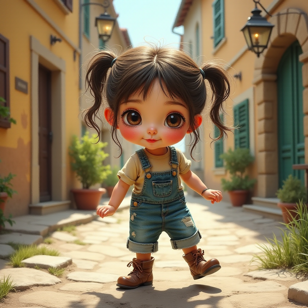 Whimsical little 3-year-old girl wearing scruffy tomboy clothes, boots, messy hair heavily blushed cheeks, pink lips, closely dancing in the street of an Italian village,Textured painterly fantasy artistic mixed media