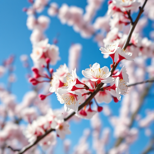 Macro view of cherry blossom branches in full bloom against a clear blue sky, using a DSLR camera, aperture f/3.5, ISO 100, shutter speed 1/200 sec, natural light for enhanced image quality.