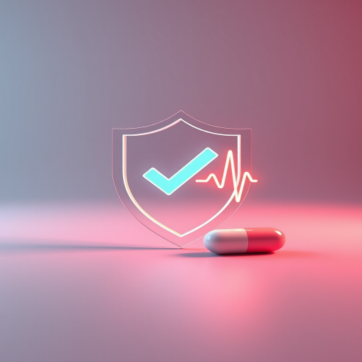 3D rendering of a healthcare theme with a shield icon featuring a checkmark, a neon heartbeat line, and a capsule pill on a soft gradient background, shot with a Canon EOS R5 at f/2.8, ISO 100, 50mm lens, soft focus.