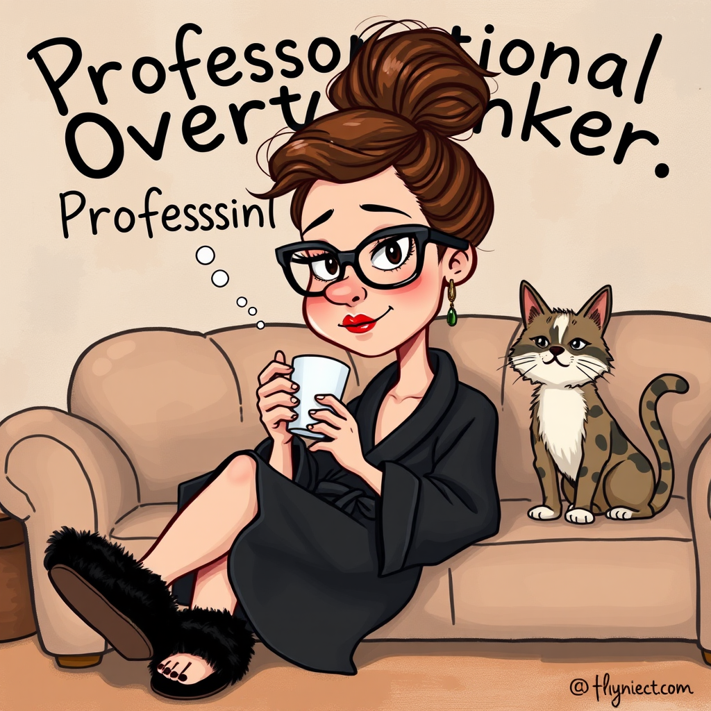The words ‘Professional Overthinker’ (exact spelling) An exaggerated whimsical illustration of a cute silly lady with unruly messy brown bun and black glasses pouty lips and a thinking expression. Shes sitting on the couch, legs folded wearing a black silk robe, black fuzzy slippers. She’s holding her coffee cup and making a deep-in-thought face.  A quirky scruffy cat (dog) looking at her against a mottled, oil painting style soft background living room setting.