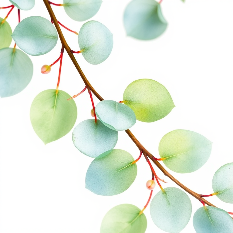 Create a high-resolution watercolor illustration of delicate eucalyptus leaves on a white background, using a Canon EOS R5 with a 50mm f/1.2 lens, aperture set to f/2.8, ISO 100, and a soft diffused lighting setup for enhanced detail and color vibrancy.