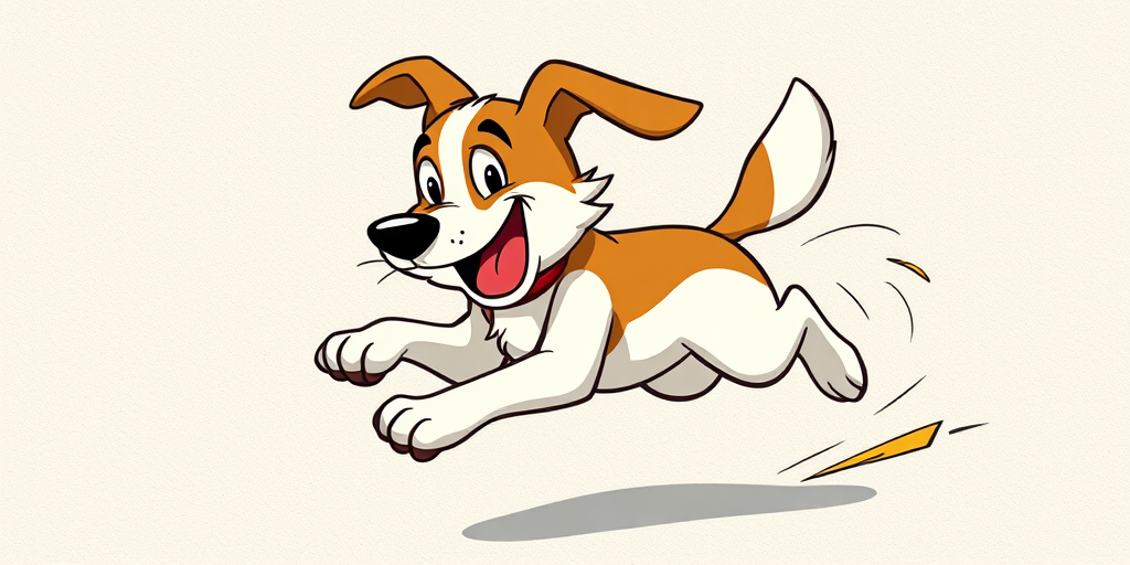 Generate a detailed illustration of a cartoon dog running in a playful manner, capturing dynamic movement and expression, with vibrant colors and a textured background, using a DSLR camera at f/2.8 aperture, 1/500 sec shutter speed, and ISO 200, with a wide-angle lens for enhanced depth of field and clarity.