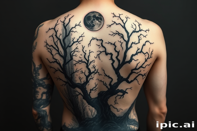 Ethereal blackwork tattoo adorning the entire back depicting a haunting forest scene with twisted trees and a crescent moon silhouetted against a starry night sky bold contrasts and fine details